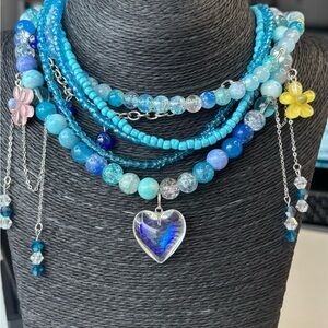 Blue Multi-Strand Beaded Necklace with Heart Pendant